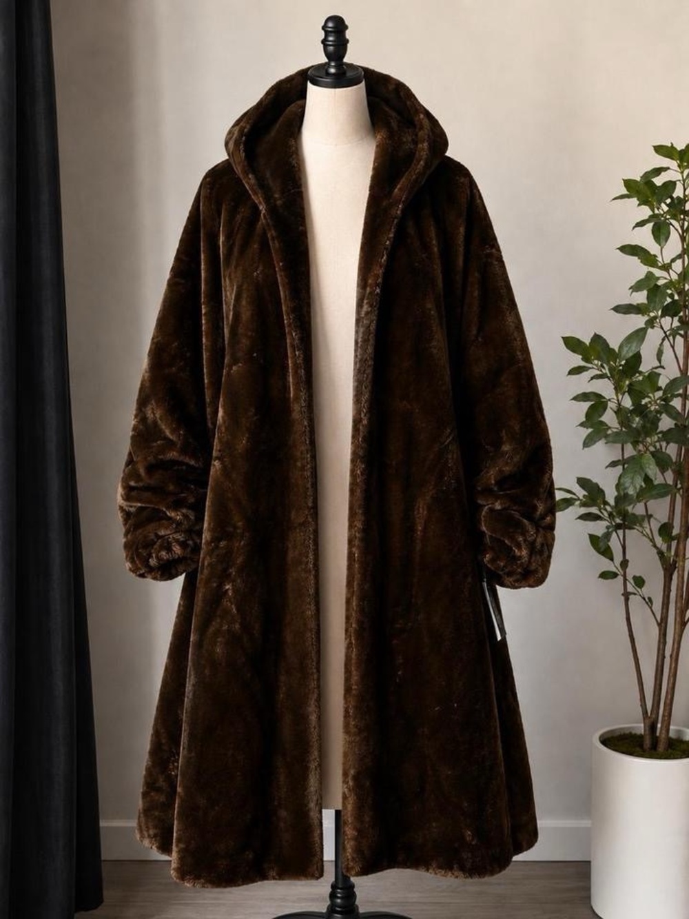 Luxurious Hooded Faux Fur Coat - Dark Brown